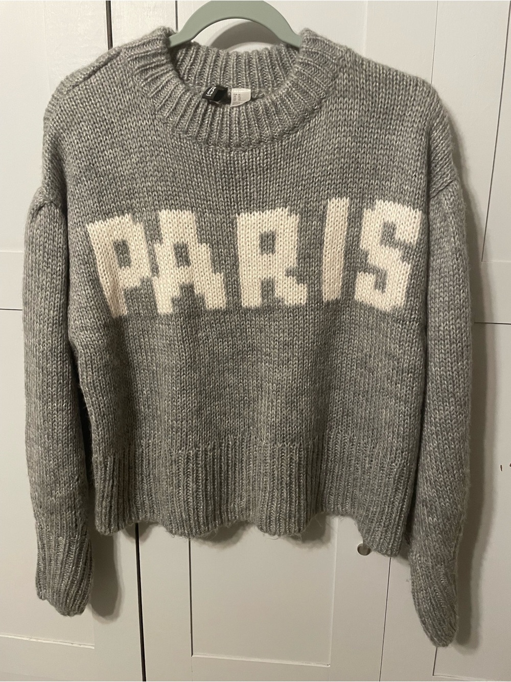 H&M Gray Crewneck Sweater with Cream PARIS Intarsia